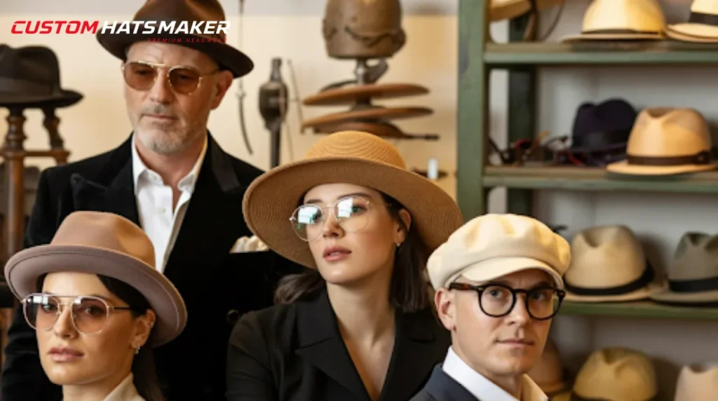 4 people with distinct apparel style wearing different hats with glasses with a hatmaker shop in the background