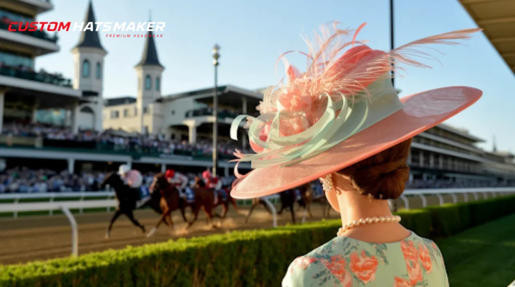 A lady dressed in traditional attire and a derby hat watching a horse race from the stands